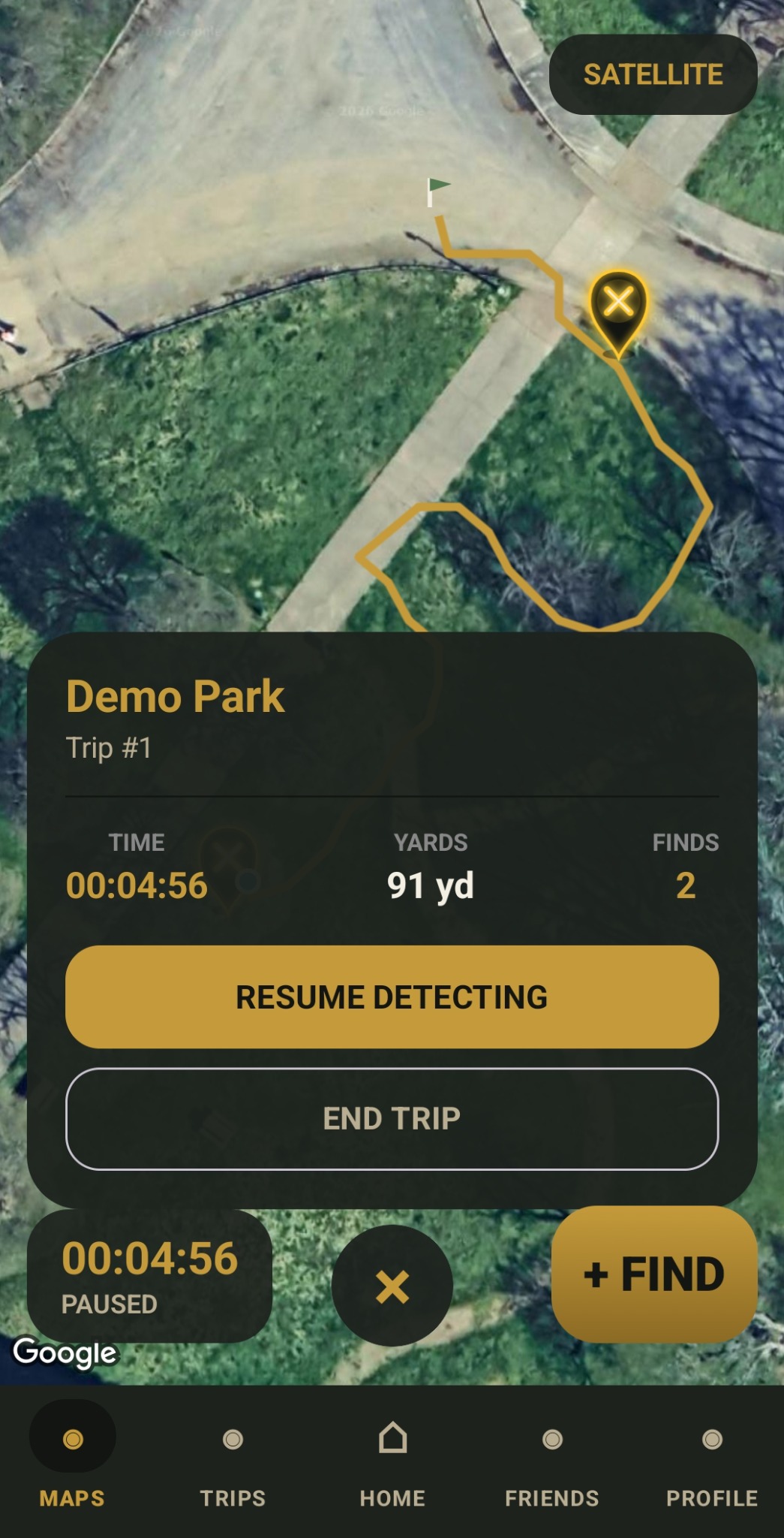 RelicPath paused detecting trip overlay with time yards and finds