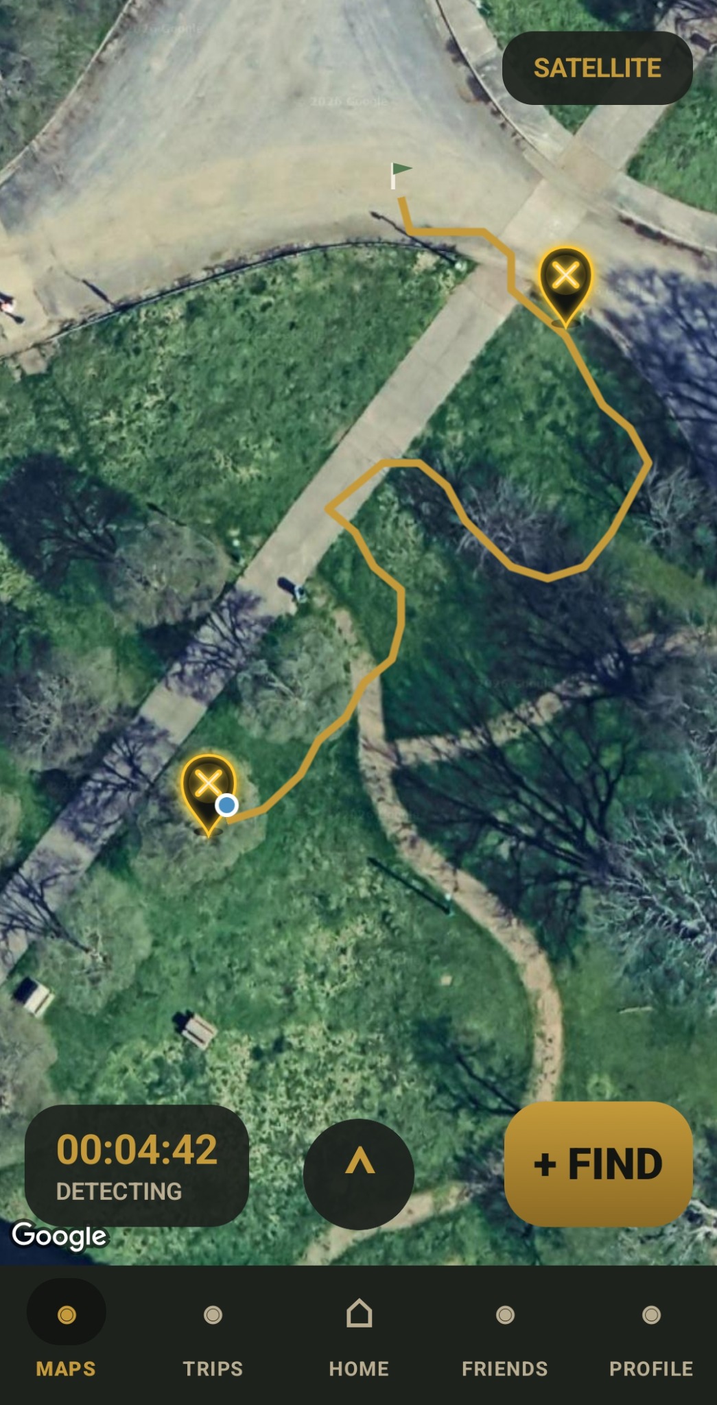 RelicPath live trip satellite map showing route and find pins