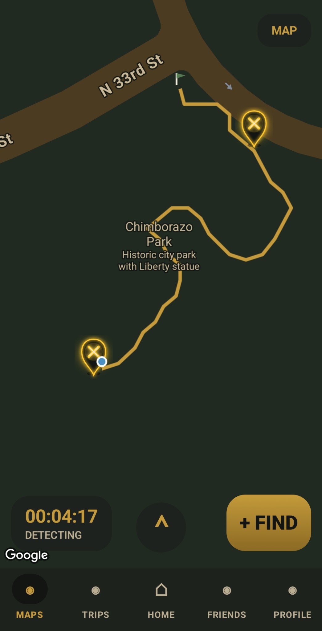 RelicPath live trip standard map showing route and find pins