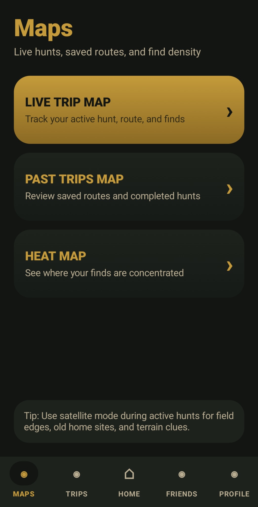 RelicPath maps screen showing live trip map past trips map and heat map options