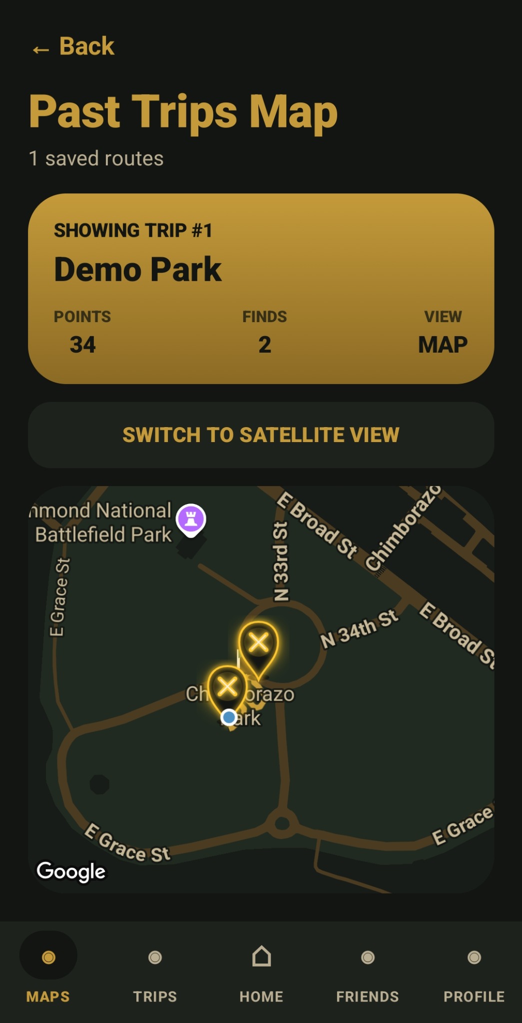 RelicPath past trips map showing saved route and find pins