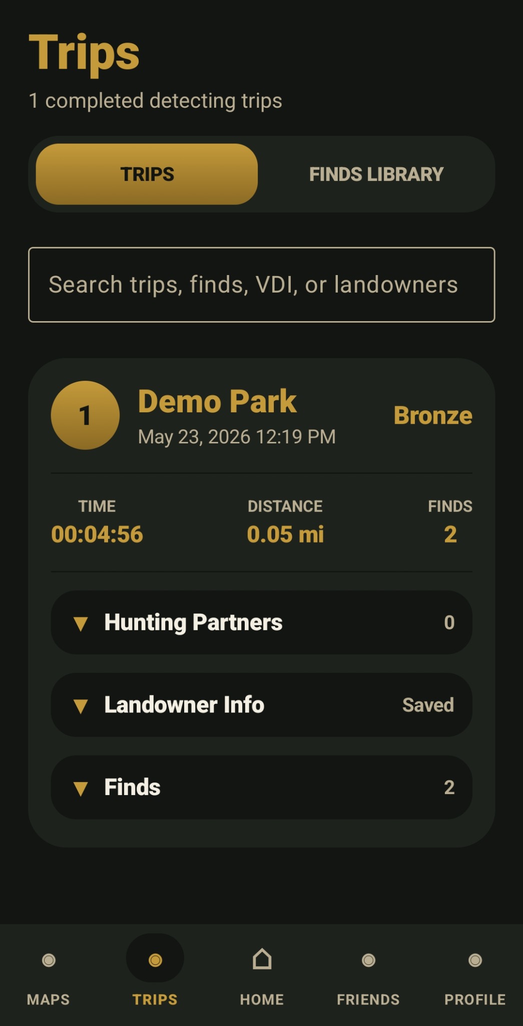 RelicPath trips screen showing completed Demo Park trip card